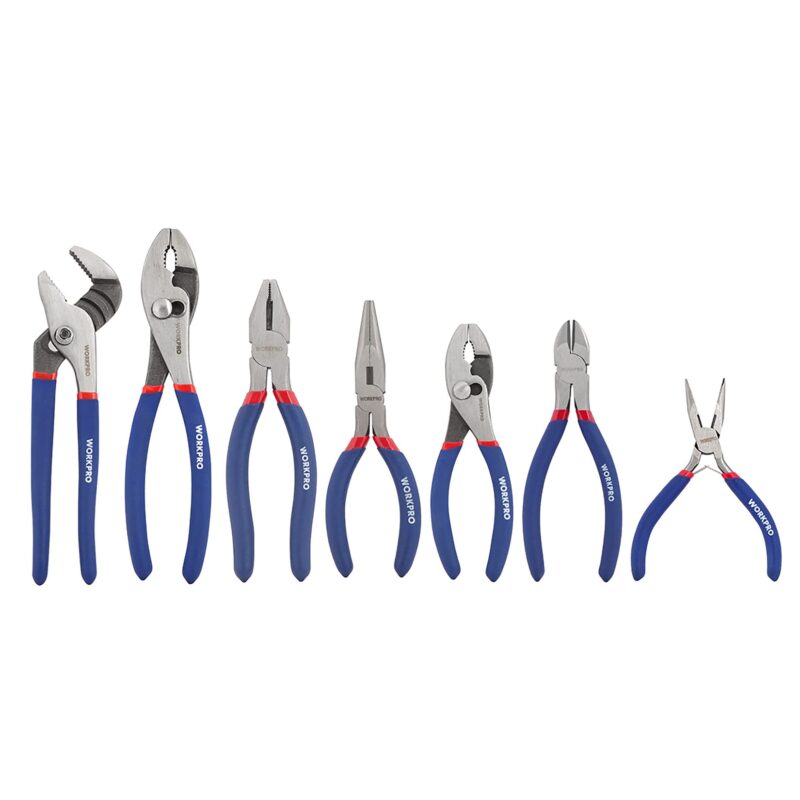 Workpro 7-piece Pliers Set (8-inch Groove Joint Plier, 6-inch Long Nose, 6-inch Slip Joint, 4-1/2 Inch Long Nose, 6-inch Diagonal, 7-inch Linesman, 8-inch Slip Joint) for DIY & Home Use