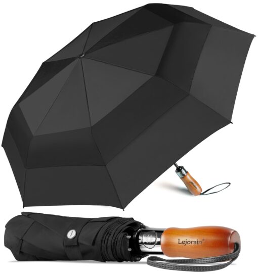 Lejorain 54inch Large Compact Golf Umbrella - Oversized Auto Open Close Folding Golf Umbrella Travel 210T Dupont Teflon Coated Vented Windproof Double Canopy for Women Men 01.Black