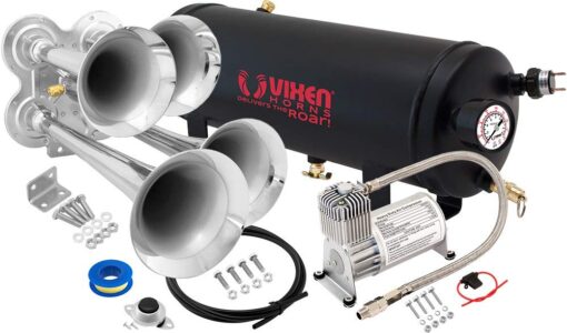 Vixen Horns Train Horn Kit for Trucks/Car/Semi. Complete Onboard System- 150psi Air Compressor, 1.5 Gallon Tank, 4 Trumpets. Super Loud dB. Fits Vehicles like Pickup/Jeep/RV/SUV 12v VXO8715/4114