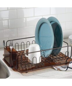 iDesign Forma Lupe Stainless Steel Metal Sink Dish Drainer Plastic Tray Kitchen Drying Rack For Glasses, Silverware, Bowls, Plates, 13.3" x 17.5" x 5.2", Bronze Set of 1 20 61XKe9snybL