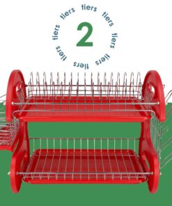 2 Tier Dish Drainer, By Home Basics (Red) Dish Rack For Kitchen Counter, With Cutlery Holder and Cup Slots Red 25 61XMqCsfqOL