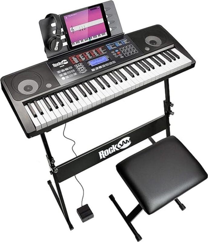 RockJam 61 Key Touch Display Keyboard Piano Kit with Digital Piano Bench, Electric Piano Stand, Headphones Piano Note Stickers, Sustain Pedal & Simply Piano Lessons Keyboard Piano Kit with Midi & Sustain Pedal
