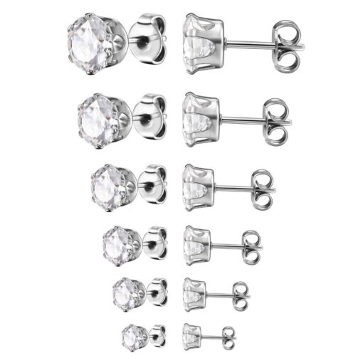 MOWOM Women's Silver Tone 3~8mm 12PCS Stainless Steel Stud Earrings CZ Set (6 Pairs)