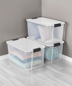 Sterilite 70 Qt Ultra Latch Box, Stackable Storage Bin with Latching Lid, Organize Clothes, Sport Gear in Basement, Clear with White Lid, 4-Pack 70 Quart 27 61XdCk2ZwCL