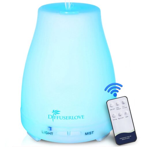 Diffuserlove Essential Oil Diffusers 200ML Remote Control Ultrasonic Mist Humidifiers BPA-Free Aromatherapy Diffuser with 7 Color Lights, Auto Shut-Off for Bedroom Office Kitchen White