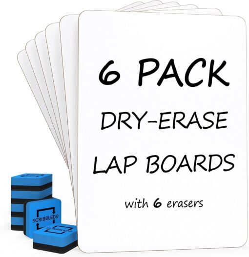 Scribbledo 6 Pack Small White Board Dry Erase Classroom Pack Boards 9"x12” Personal Whiteboards for Students Teachers School Supplies Lapboards l 6 Mini Whiteboard Erasers Included Set of 6 Boards & 6 Erasers