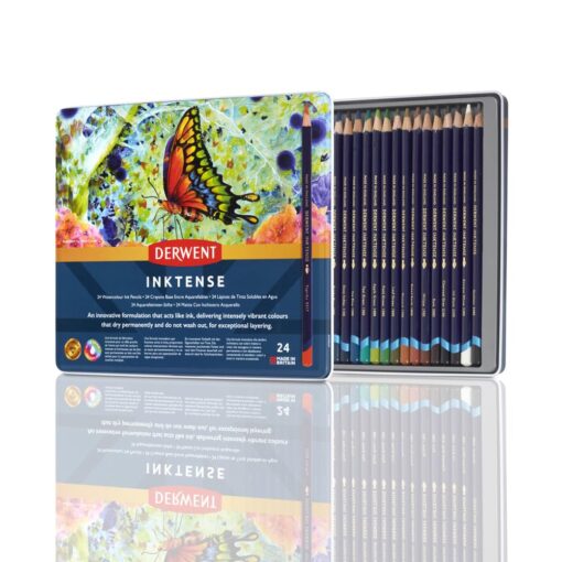 Derwent Inktense Pencils Tin, Set of 24, Great for Holiday Gifts, 4mm Round Core, Firm Texture, Watersoluble, Ideal for Watercolor, Drawing, Coloring and Painting on Paper and Fabric (0700929) 24 Count