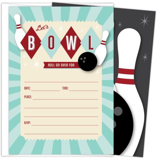 Bowling Party Invitations. Set of 25 Fill In Style Bowling Themed Cards and Envelopes for Kids Birthday Parties, Baby Showers and Sprinkles, Bowling Parties, or Any Occasions.