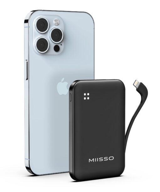 miisso 4500mAh Built in Cable Cell Phone External Battery Pack, Portable Phone Charger Power Bank 5V 2.1A Charging Mobile Phone Charger USB-C in/Out Compatible with iPhone 6/7/8/X/11/12/13/14, Black 4.5Kmah-Black