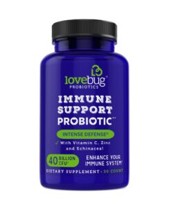 lovebug PROBIOTICS Immune Support Daily Probiotic for Men & Women, 40 Billion CFU & 6 Strains, Includes Vitamin C, Zinc & Echinacea, 30 Capsules, Vegan & Non-GMO 30 Count (Pack of 1) 14 61YE4MXZakL