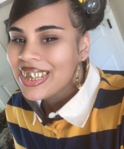 LuReen 8 Teeth Grillz 14k Gold Top and Bottom Grills Set Shiny Hip Hop Teeth Grillz + Extra Molding Bars for Halloween Costume Cosplay 18 61YFyW6i2TL