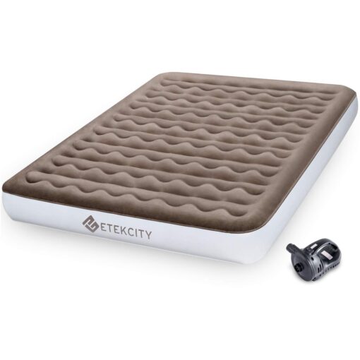 Etekcity Camping Air Mattress, Inflatable Mattress Air Bed Queen Twin with Rechargeable Pump, Leak-Proof Blow Up Mattress Raised Airbed , Height 9", Storage Bag , Brown Queen 9