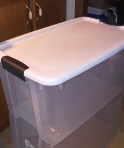 Sterilite 70 Qt Ultra Latch Box, Stackable Storage Bin with Latching Lid, Organize Clothes, Sport Gear in Basement, Clear with White Lid, 4-Pack 70 Quart 37 61YkJyR9BTL