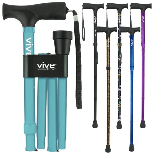 Vive Folding Cane - Foldable Walking Cane for Men, Women - Fold-up, Collapsible, Lightweight, Adjustable, Portable Hand Walking Stick - Balancing Mobility Aid - Sleek, Comfortable T Handles (Teal) Teal