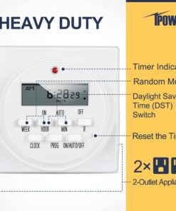 iPower 7 Day Heavy Duty Digital Programmable Electric Timer, Indoor Dual Outlet Switch for Lights, Appliance, Pool Pump, 125VAC, 15A, 60 Hz, 1725W, 2-Pack, white 2 pack 9 61YvPvv1JL