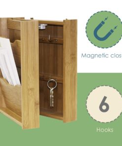 Bamboo Key and Mail Organizer For Wall ( Natural), By Home Basics | Mail Shelf Organizer With 6 Interior Key Hooks | Dual Compartment Small Mail Holder 8.2"x 3.5 "x 10.5 " 11 61Z6tZExThL