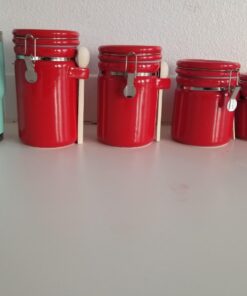 Canister Sets For The Kitchen (4 Piece Set) Red, High Gloss Ceramic | By Home Basics | Decorative | With Wooden Spoons, Countertop Set For Flour, Sugar, Coffee, and Snacks 37 61ZTLOdUWL