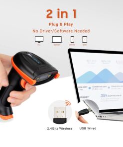 Tera Barcode Scanner Wireless 1D Laser Cordless Barcode Reader with Battery Level Indicator, Versatile 2 in 1 2.4Ghz Wireless and USB 2.0 Wired 1D Orange 21 61ZyFVdyyoL
