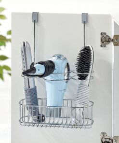 mDesign Steel Over Cabinet Door Hair Care, Hot Styling Tool Organizer Storage Basket for Hair Dryer, Flat Irons, Curling Wands, Straighteners, Space Saving, 3 Sections -Concerto Collection - Chrome 30 61a WG2Bs9L