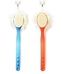 Shower Body Brush with Bristles and Loofah,Back Scrubber Bath Mesh Sponge with Curved Long Handle for Skin Exfoliating Bath, Massage Bristles Suitable for Wet or Dry, Men and Women (Blue) 21 61a57mFydOL