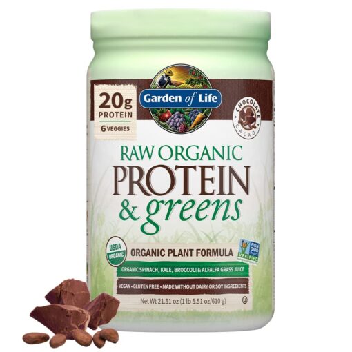 Garden of Life Raw Organic Protein & Greens Chocolate - Vegan Protein Powder for Women and Men, Plant and Pea Protein, Greens & Probiotics - Gluten Free Low Carb Shake Made Without Dairy, 20 Servings 20 Servings (Pack of 1)