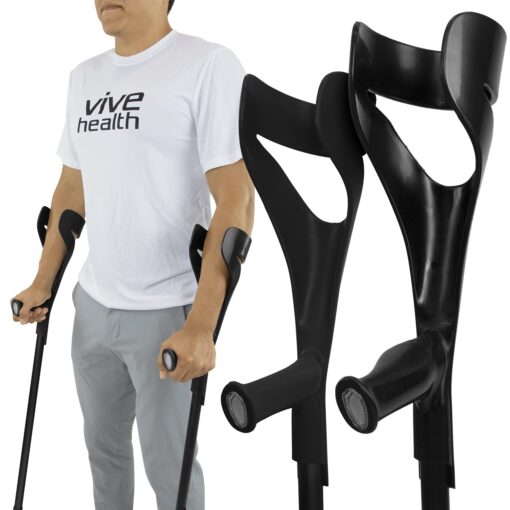 Vive Forearm Crutches (Pair) - Adjustable, Lightweight Arm Crutches Forearm for Adults - Ergonomic Arm Crutch Cuff and Comfortable Handles - Heavy Duty Crutches Non Slip Skid Replaceable Rubber Tips Black