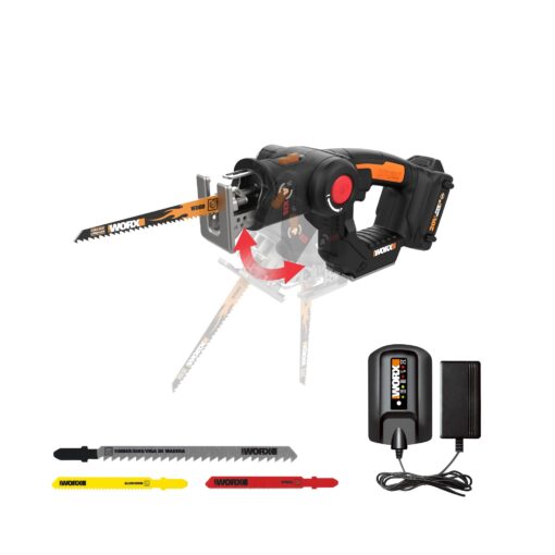 Worx 20V AXIS 2-in-1 Cordless Reciprocating Saw & Jig Saw, Orbital Cutting Reciprocating Saw, Pivoting Head Jigsaw Tool with Tool-Free Blade Change, Power Share WX550L – Battery & Charger Included 20V Battery + Charger Included