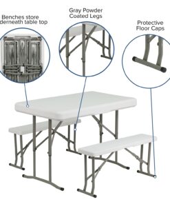 Flash Furniture Rowan 3 Piece Portable Plastic Folding Bench and Table Set,Granite White 12 61auQtpjpKL