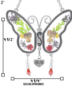 Mom Butterfly Suncatcher with Pressed Flower Wings and Silver Heart Charm - Hanging Height 8" 1 22 61bJ3V2HgAL