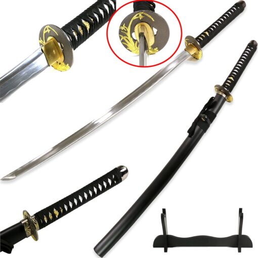 Vulcan Gear Classic Handmade Sharp Japanese Katana Samurai Sword with Scabbard and Single Sword Wood Stand - Choose You Handle (Tsuba) Style Orchid Tsuba