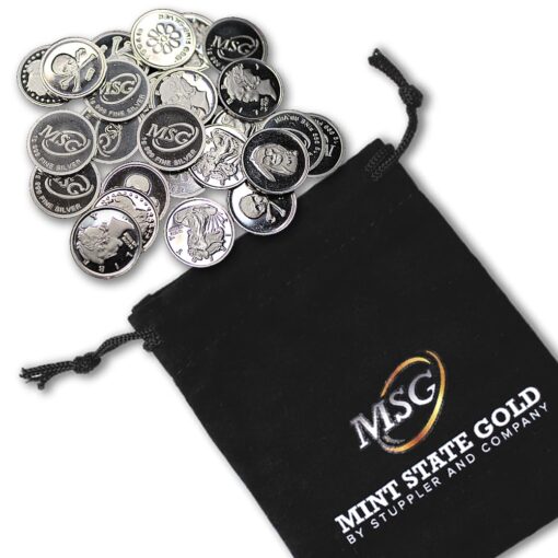 Twenty-Five (25) One Gram .999 Pure Silver Rounds with Random Designs in a Jewelry Pouch by Mint State Gold 25