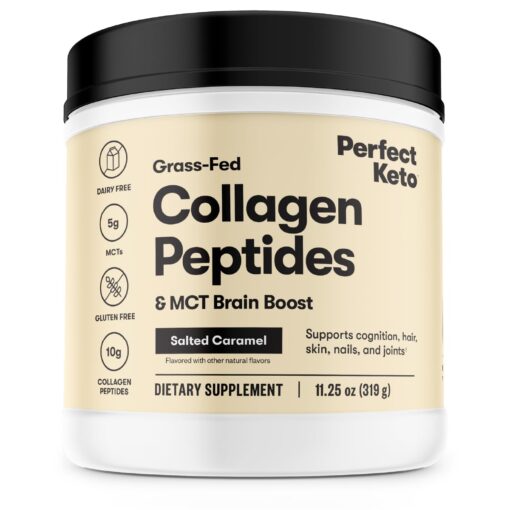 Perfect Keto Collagen Peptides Protein Powder with MCT Oil - Grassfed, GF, Multi Supplement, Best for Ketogenic Diets, Use as Keto Creamer, in Coffee and Shakes for Women & Men - Salted Caramel