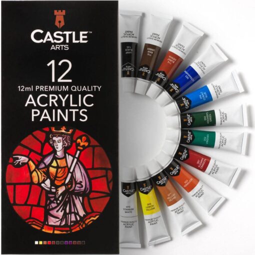 Castle Art Supplies 12 x 12ml Acrylic Paint Set | Value Beginner Set for Starters or Adult Artists | Quality Intense Colors | Smooth to Use on Range of Surfaces | In Neat Presentation Box 12 Count (Pack of 1)