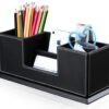 KINGFOM Office Supplies Desk Organizer PU Leather Storage Box 4 Divided Compartments for Pen Business Card Remote Control Mobile Phone Cosmetics Collection Holder (Black) Black-L 27 61cecP0TLzL