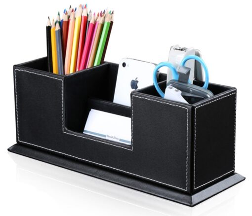 KINGFOM Office Supplies Desk Organizer PU Leather Storage Box 4 Divided Compartments for Pen Business Card Remote Control Mobile Phone Cosmetics Collection Holder (Black) Black-L