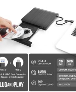Alternative view of ROOFULL External CD DVD +/-RW Drive, USB 3.0 & USB-C CD Burner DVD Player Reader Writer Optical Disc Drive with Carrying Case for Laptop Mac MacBook Pro/Air, Windows 11/10/8/7, Linux PC Black