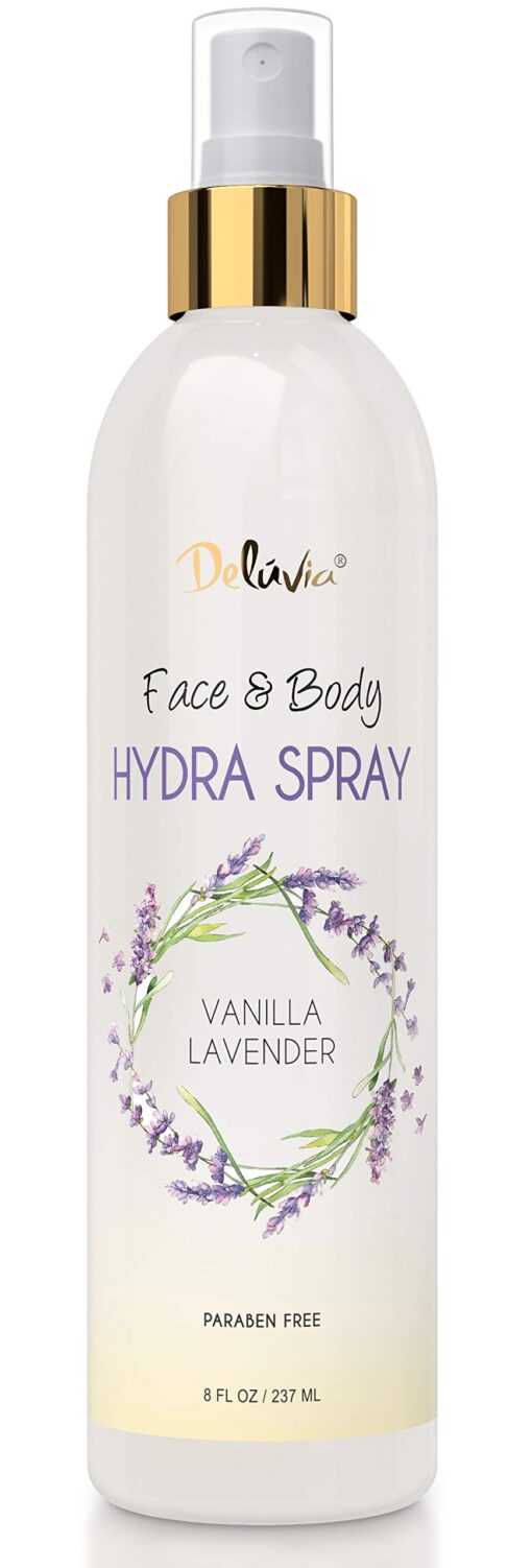 Deluvia Hydra Spray, Moisturizing Body Spray and Face Mist with Essential Oils, Organic Aloe Vera, Dead Sea Salts, Provitamin A, Vitamin C. Alcohol Free, Paraben Free. (Vanilla Lavender) Vanilla Lavender