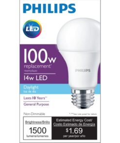 Philips LED Non-Dimmable A19 Frosted Light Bulb: 1500-Lumen, 5000-Kelvin, 14-Watt (100-Watt Equivalent), E26 Medium Screw Base, Daylight, 4-Pack, 455717 4 Count (Pack of 1) 100-Watt Equivalent 25 61d6MkfhoWL