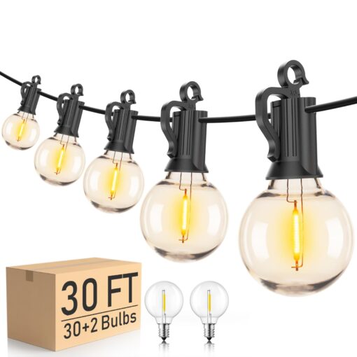 Brightown Outdoor String Lights - Globe Patio Lights 30 Ft with 30 G40 Shatterproof Bulbs, Waterproof Connectable Dimmable Commercial Hanging Lights for Backyard, Bistro, Porch, Cafe, Deck 30 FT - 30 LED Bulbs