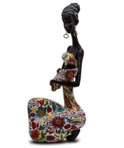 Statue African Figurine Sculpture Colorful Dress Holding Baby Lady Figurine Statue Home Decor Collectible Art 15.5" Inches Tall - Flower Dress Tropical Decorative Black Figurines 8 61dE2vurKRL