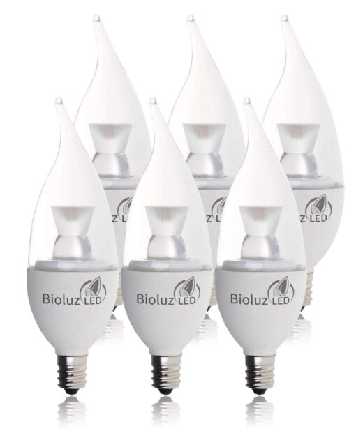 Bioluz LED 6 Pack Flame Tip Candelabra LED Bulb, Dimmable 40 Watt Chandelier Bulbs 40 (uses 4.5W) Watt E12 Base Candle Bulbs 2700K (Warm White) Indoor/Outdoor Flame Tip - 6 Pack