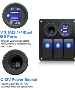 Alternative view of IZTOSS 3 Gang Rocker Switch Panel with Power Socket 3.1A Dual USB Wiring Kits and Decal Sticker Labels DC12V/24V for Marine Boat Car Rv Vehicles Truck Blue Led 3 Gang Blue LED