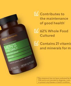 Amazon Elements Men’s One Daily Multivitamin, 62% Whole Food Cultured, Vegan, 65 Tablets, 2 month supply (Packaging may vary) 24 61efqkFryOL