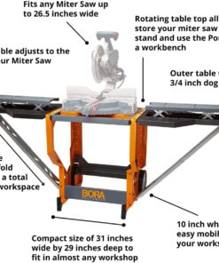 Bora Portamate - PM-8000 Miter Saw Stand Work Station | Mobile Rolling Table Top Workbench | Orange & Grey with Folding Wing Extensions Orange/Black 45 61f WcM70RL