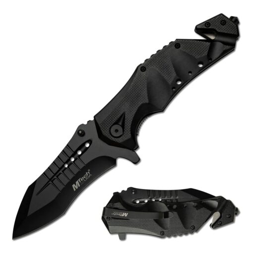 MTech USA – Spring Assisted Folding Knife – Black Stainless Steel Blade and Black Aluminum Handle with Rope Cutter, Glass Punch and Pocket Clip - Hunting, Camping, Survival, Tactical, EDC – MT-A845BK Black Blade