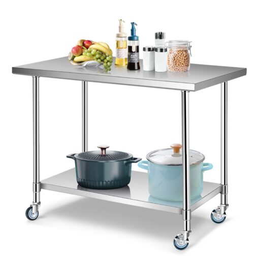 WATERJOY 48" x 30" Stainless Steel Table for Prep & Work Commercial Heavy Duty Kitchen Table with Adjustable Shelf and Wheels Installable(Without Wheel) 48" x 30" Without Wheel