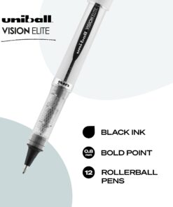 Uniball Vision Elite Rollerball Pens, Black Pens Pack of 12, Bold Pens with 0.8mm Ink, Ink Black Pen, Pens Fine Point Smooth Writing Pens, Bulk Pens, and Office Supplies 13 61fvqWPOFHL