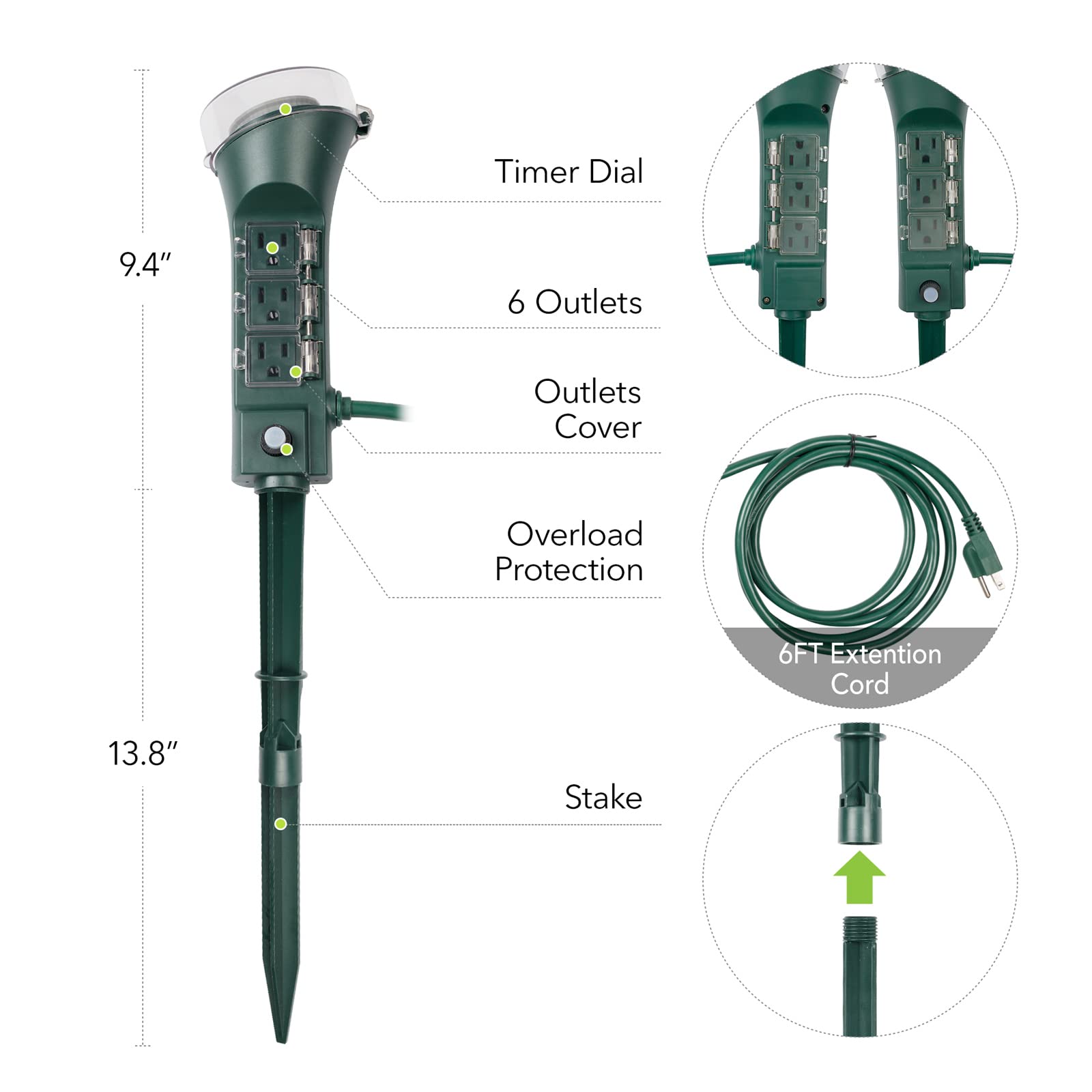 BN-LINK Outdoor Power Strip with Programmable Mechanical Timer and Yard Stake, 6 Grounded Outlets - 6 ft Cord, Weatherproof for Outdoor Lamps Lights Ponds Christmas Lights 1875W/15A ETL Listed Dial 6 BN-LINK Outdoor Power Strip with Programmable Mechanical Timer and Yard Stake, 6 Grounded Outlets - 6 ft Cord, Weatherproof for Outdoor Lamps Lights Ponds Christmas Lights 1875W/15A ETL Listed Dial - Image 6