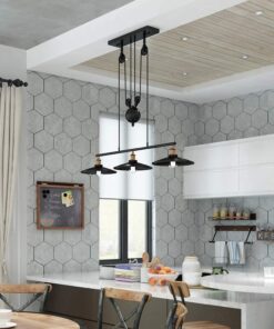 WINSOON 3 Light Industrial Pendant Light, Pulley Pool Table Light Fixture Billiard Light, Retro Steampunk Hanging Lamp, Adjustable Vintage Kitchen Island 3-Head Lights, Matte Black Painted 3 Pack 23 61gBKyqd7BL