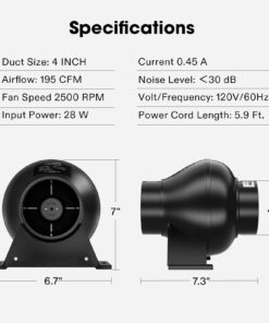 VIVOSUN D4 4 Inch 195 CFM Inline Duct Ventilation Fan HVAC Vent Blower for Hydroponics Grow Tent 26 61gEHkEZuL